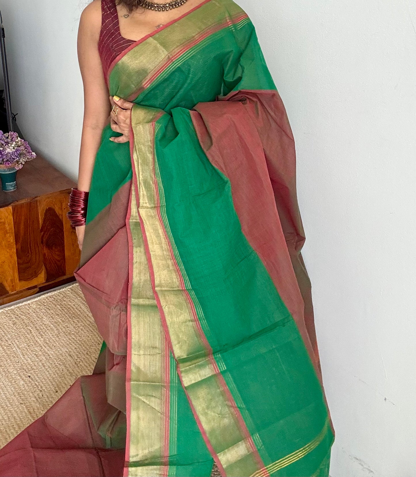 Light brown and green Chettinad cotton saree with antique gold zari border - YCCOTNCCFE155