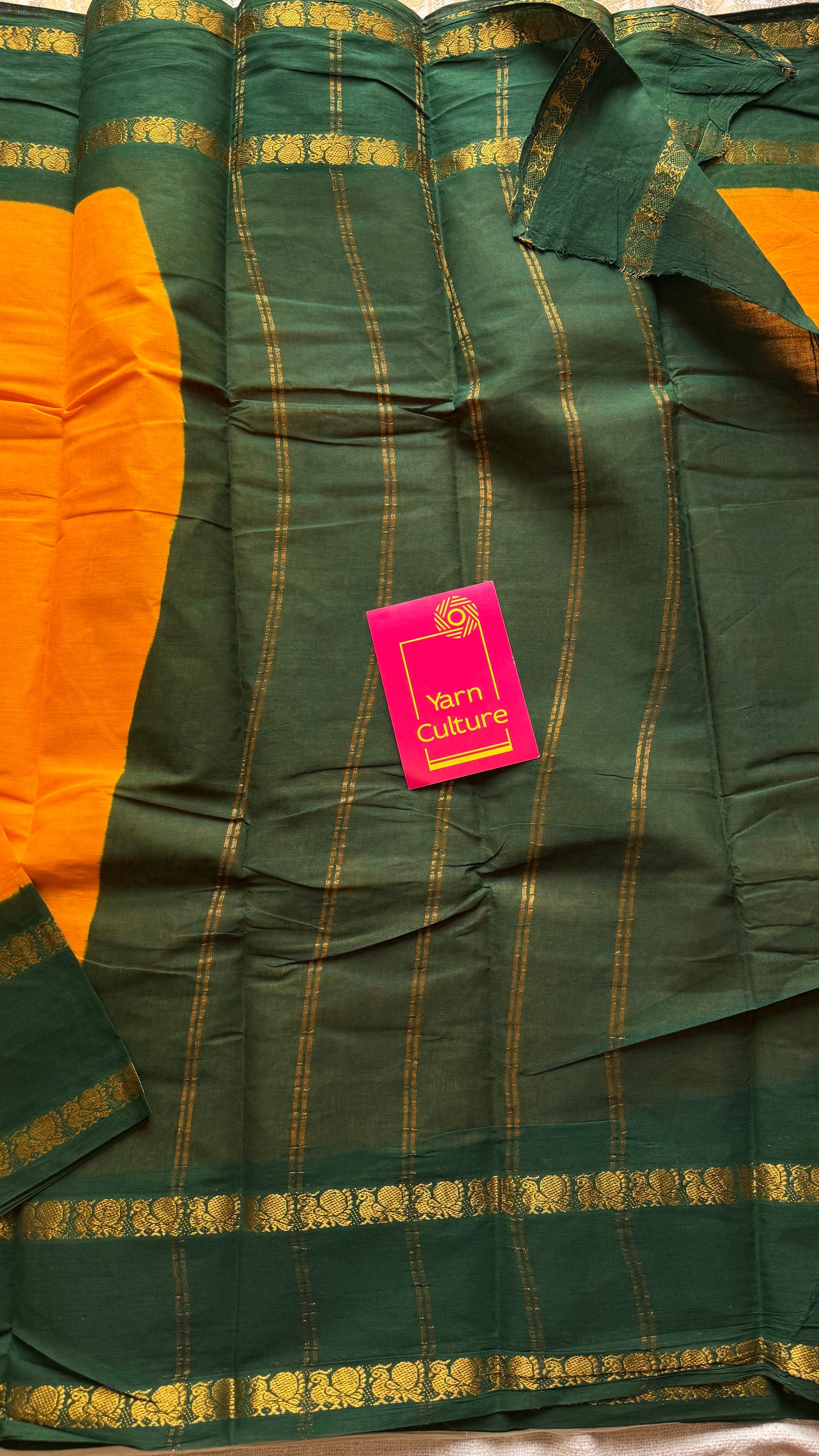 Yellow with green rettaipettu peacock double border, madurai soft cotton - YCCOTNMSAP206