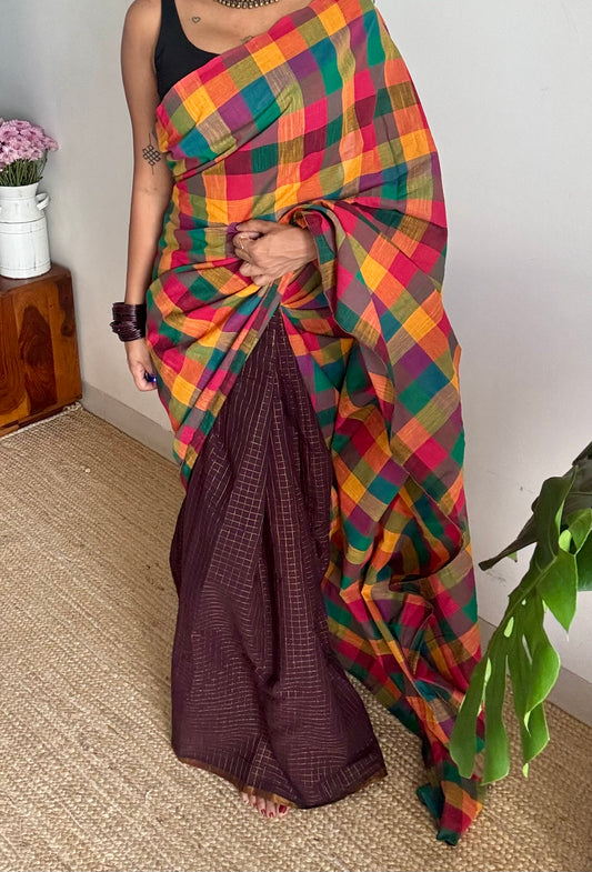 Dark brown mini checks with multicoloured madras checks, cotton half and half saree - YCCOTNIDOC165