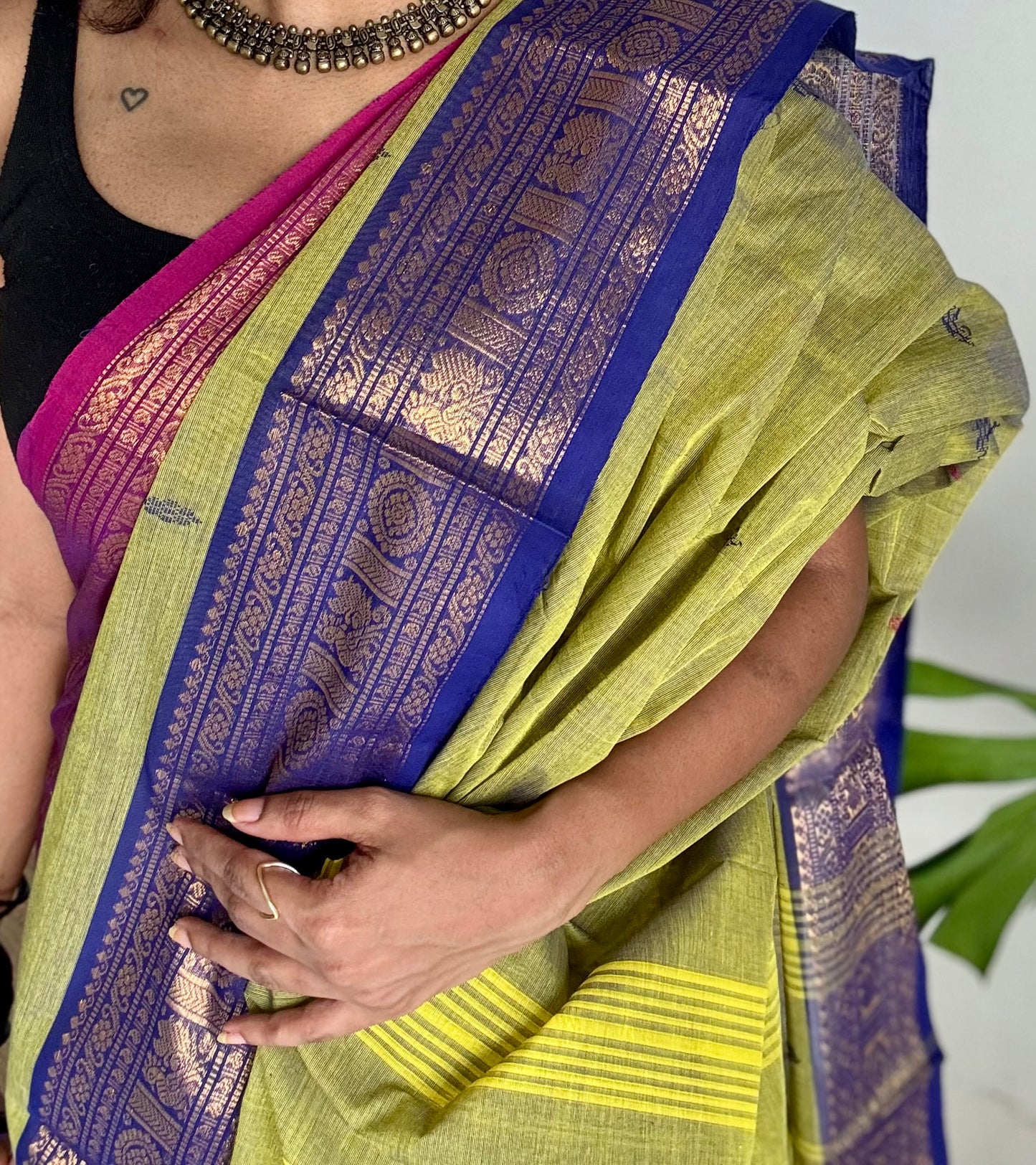 Green with magenta pink and royal blue contrast, kanchi cotton saree - YCCOTNMA326