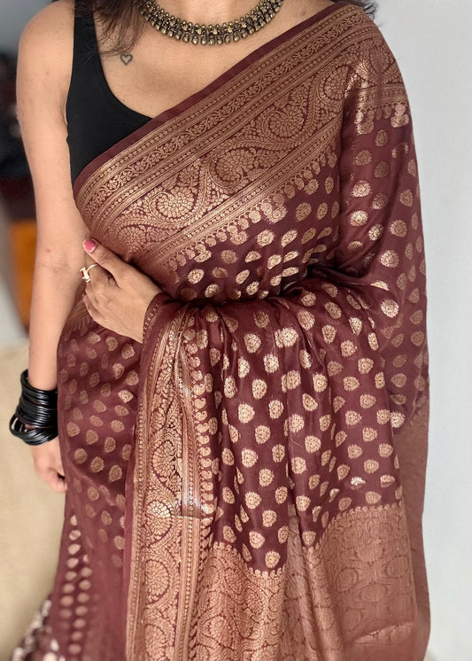Mocha -  Dark brown, antique gold zari, Banarasi semi georgette - YCBLFEGAGZ15