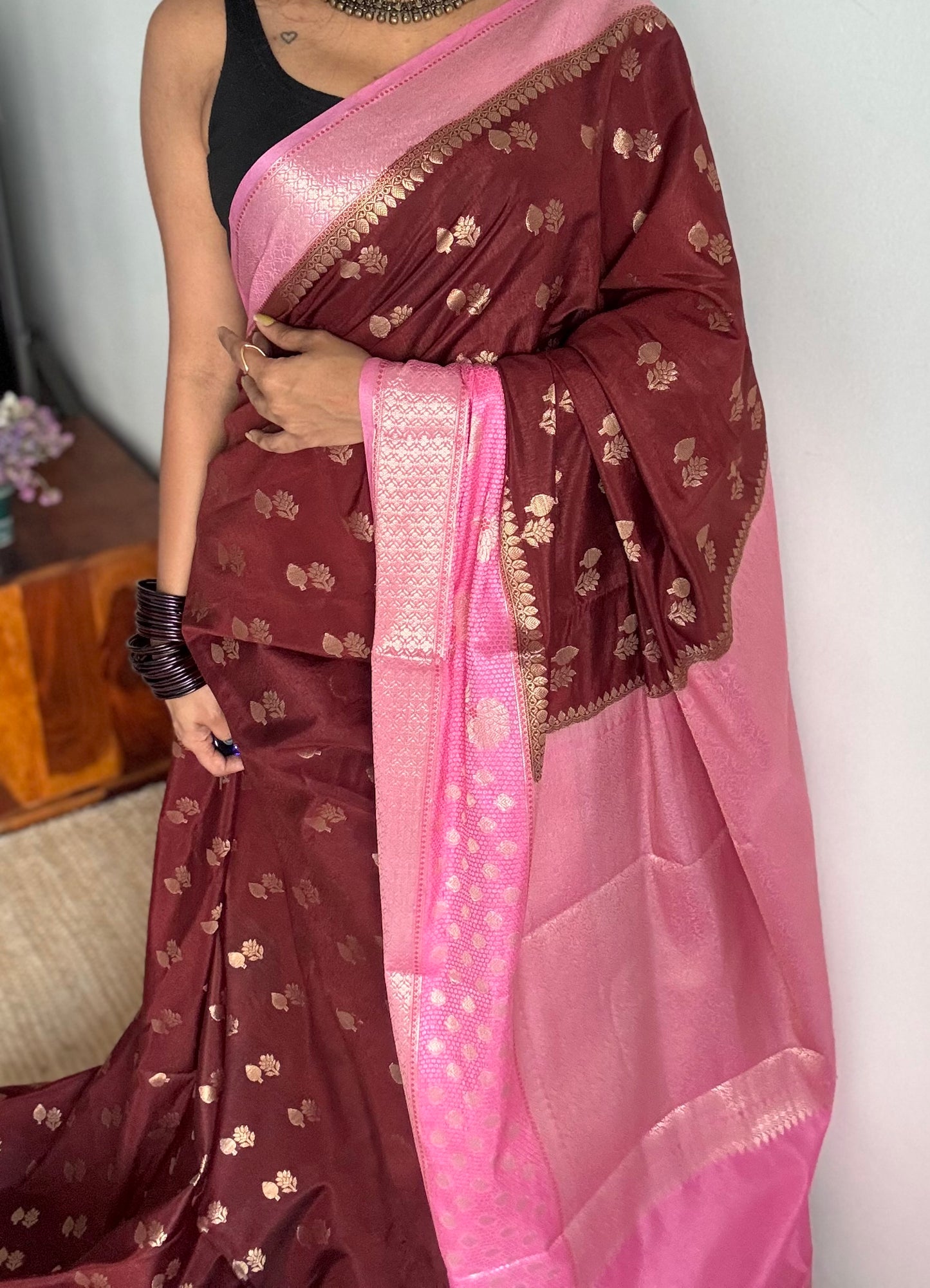 Coffee brown with pink border, semi dupion silk - YCBLSSJA23