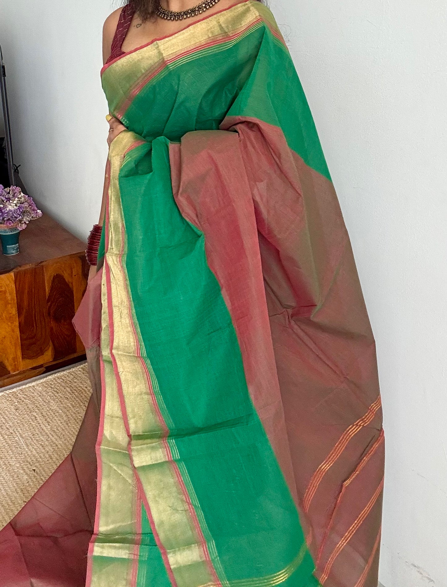 Light brown and green Chettinad cotton saree with antique gold zari border - YCCOTNCCFE155