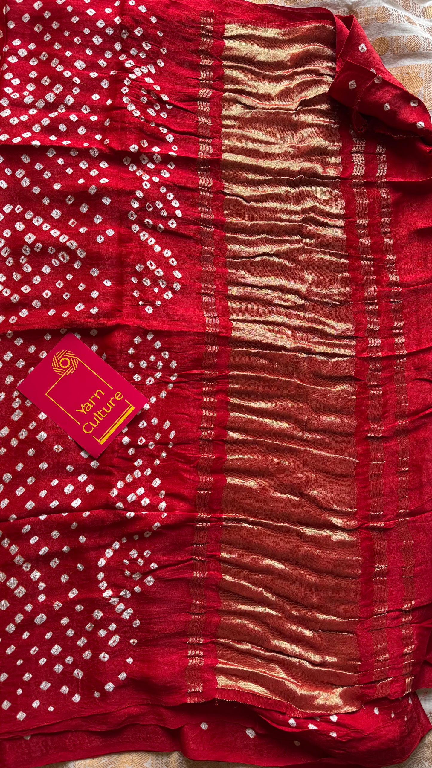 Red, crushed bandhej pure modal silk saree with lagdi patta zari pallu - YCTOKBM335