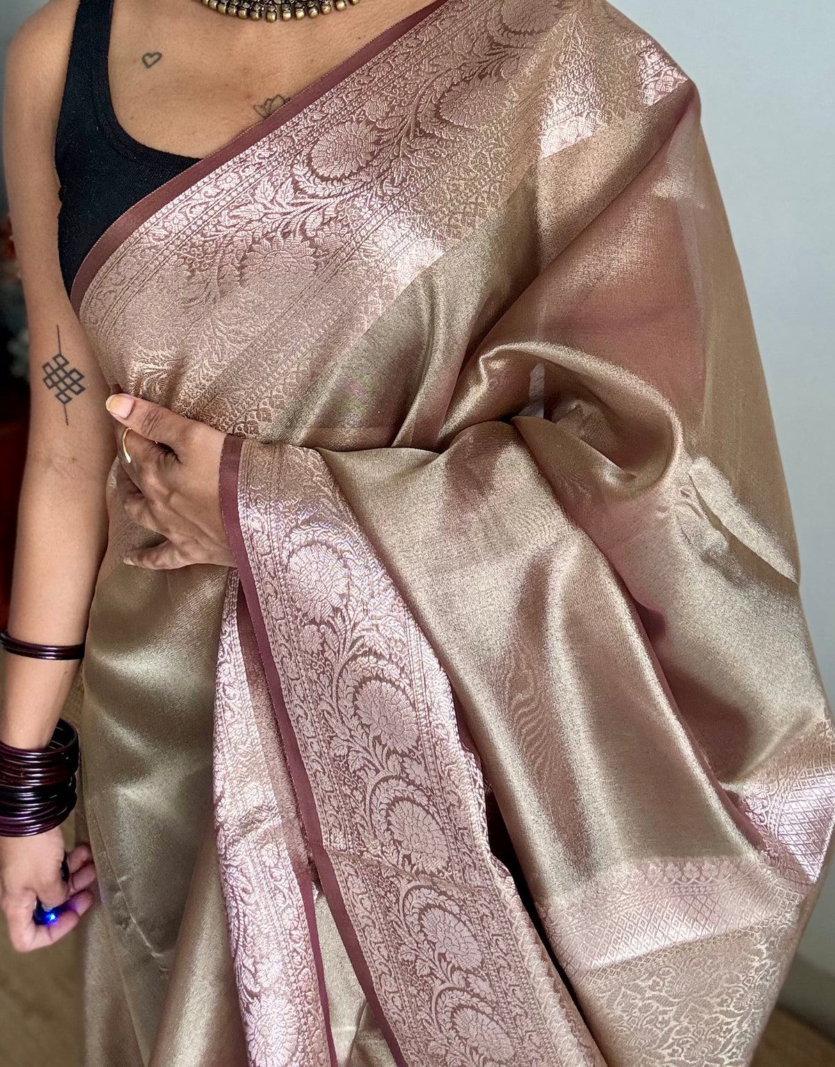 Champagne brown tissue Banarasi saree with zari border - YCBLTOC83
