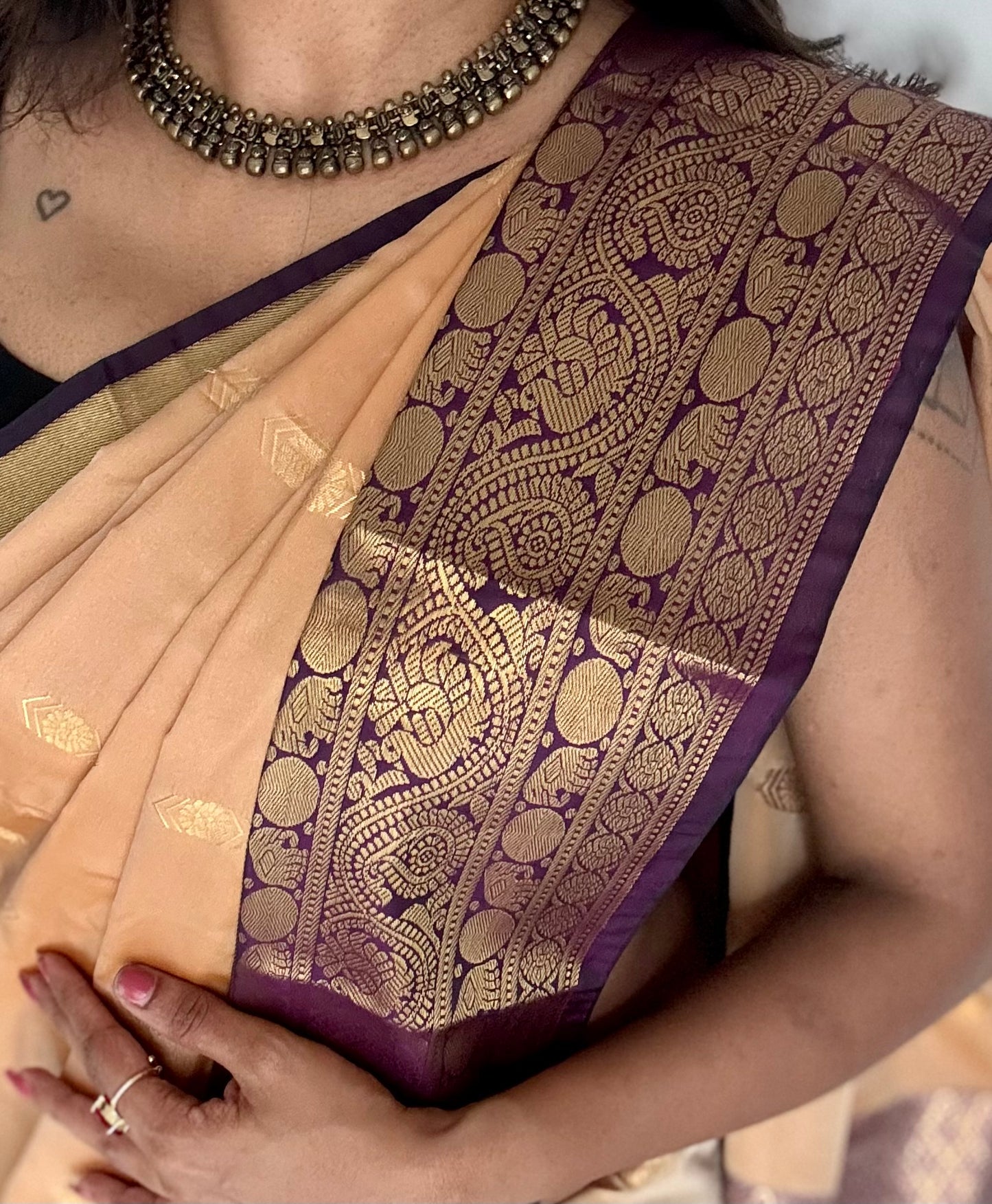 Mohini - beige with deep wine purple, handloom korvai semi silk - YCCOTNFEJUKS06