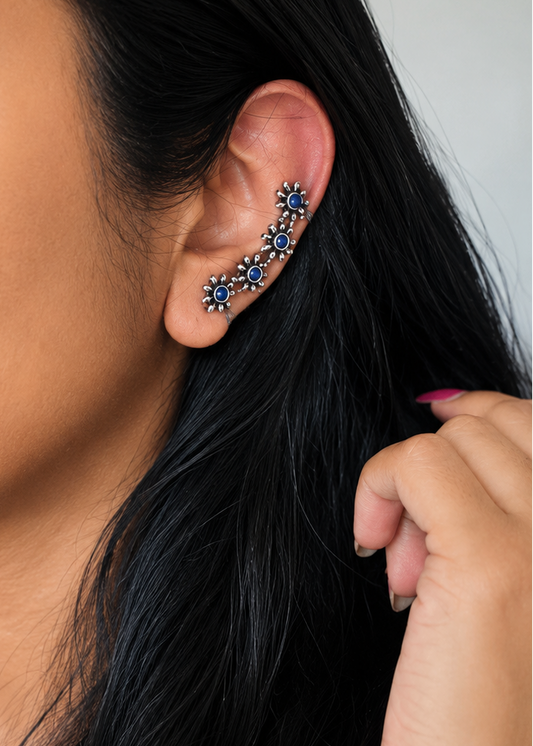 Oxidised silver, blue stone floral patterned earcuff - YCOSEC707