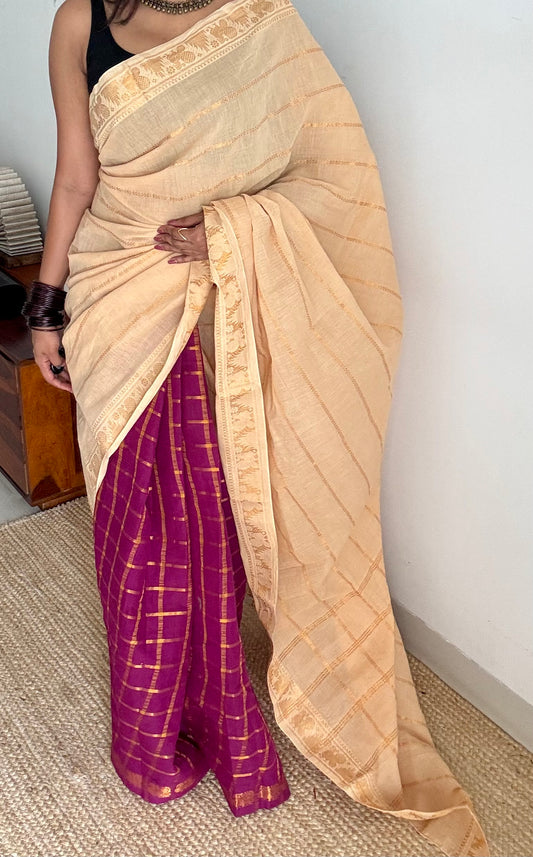 Cream with vadamalli, sungudi cotton half-half saree - YCCOTNIDMA284