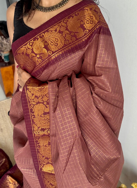 Light brown with maroon sungudi, madurai cotton - YCCOTNOCSC19