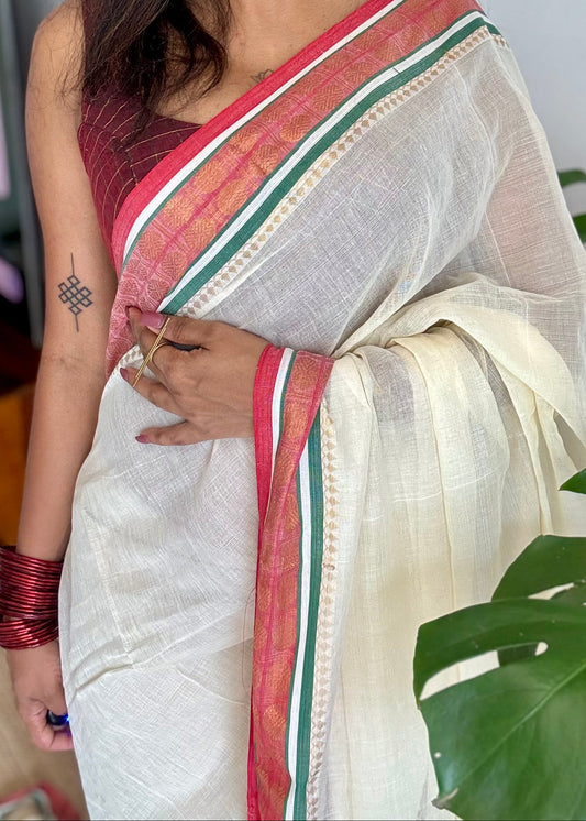 Ivory mul saree, muted red and green kanchi border  - YCIEON24