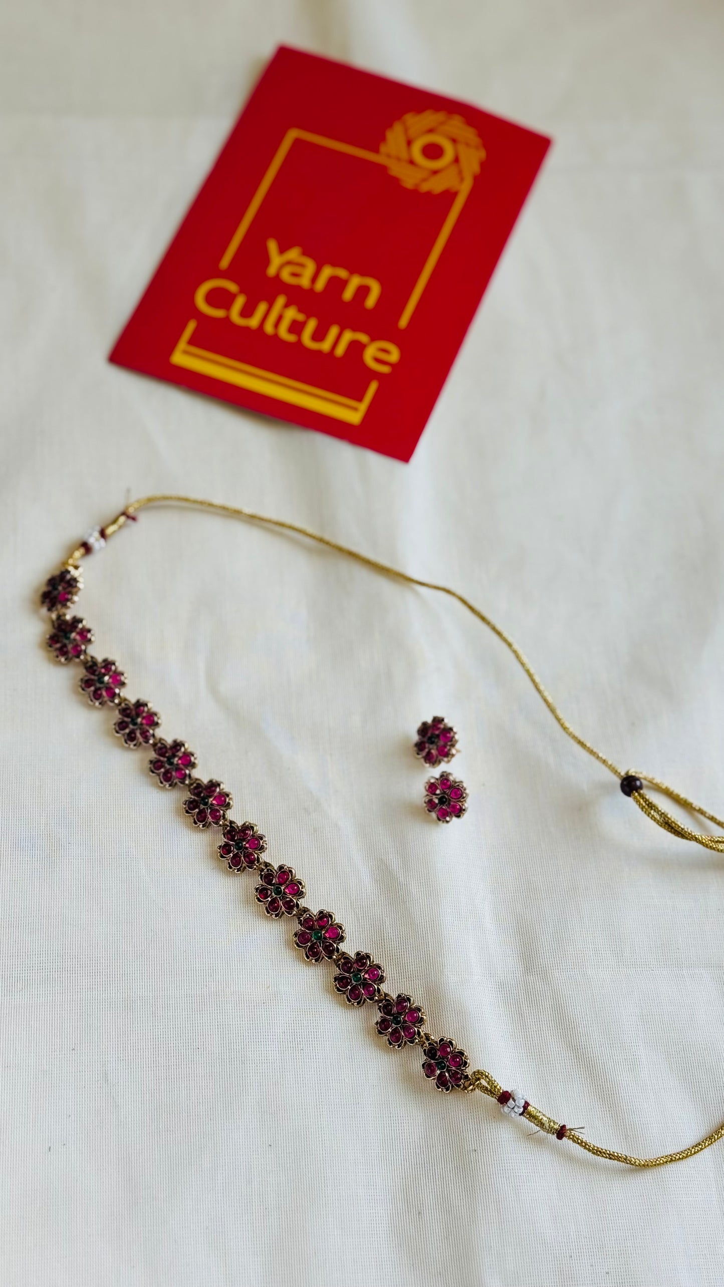 Ruby with green bead, floral pendant neckpiece with earrings - YCGPNP764
