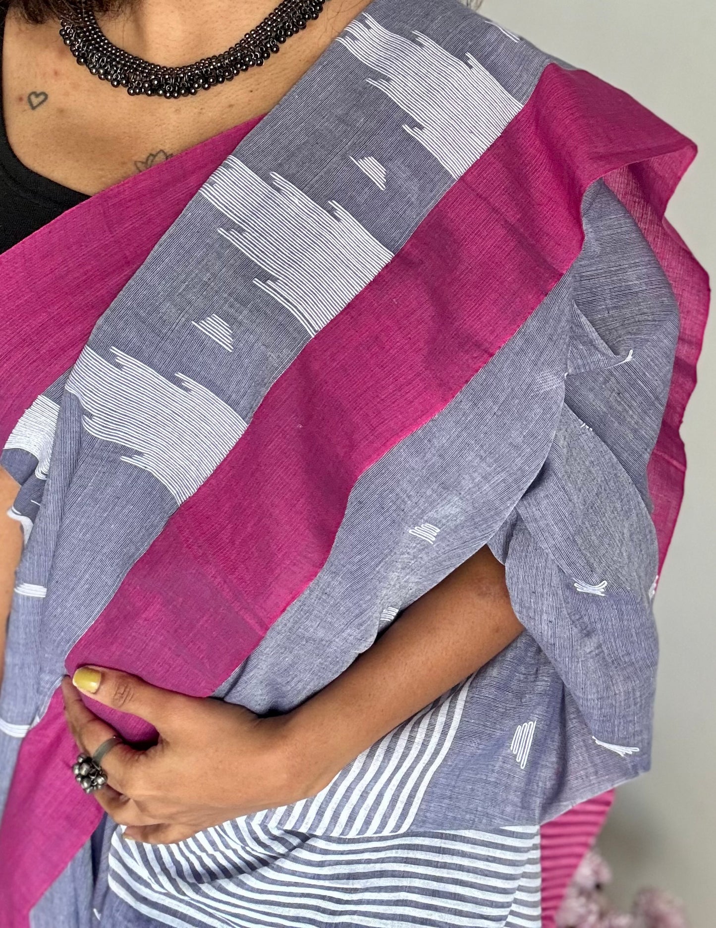 Cool grey with purple pink borders, temple motif woven threadwork, soft cotton - YCBCMKCDE30