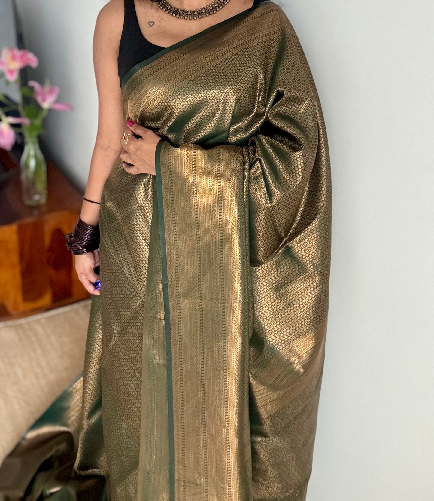 Dark green, antique gold zari, semi -silk - YCDOSOCSS04
