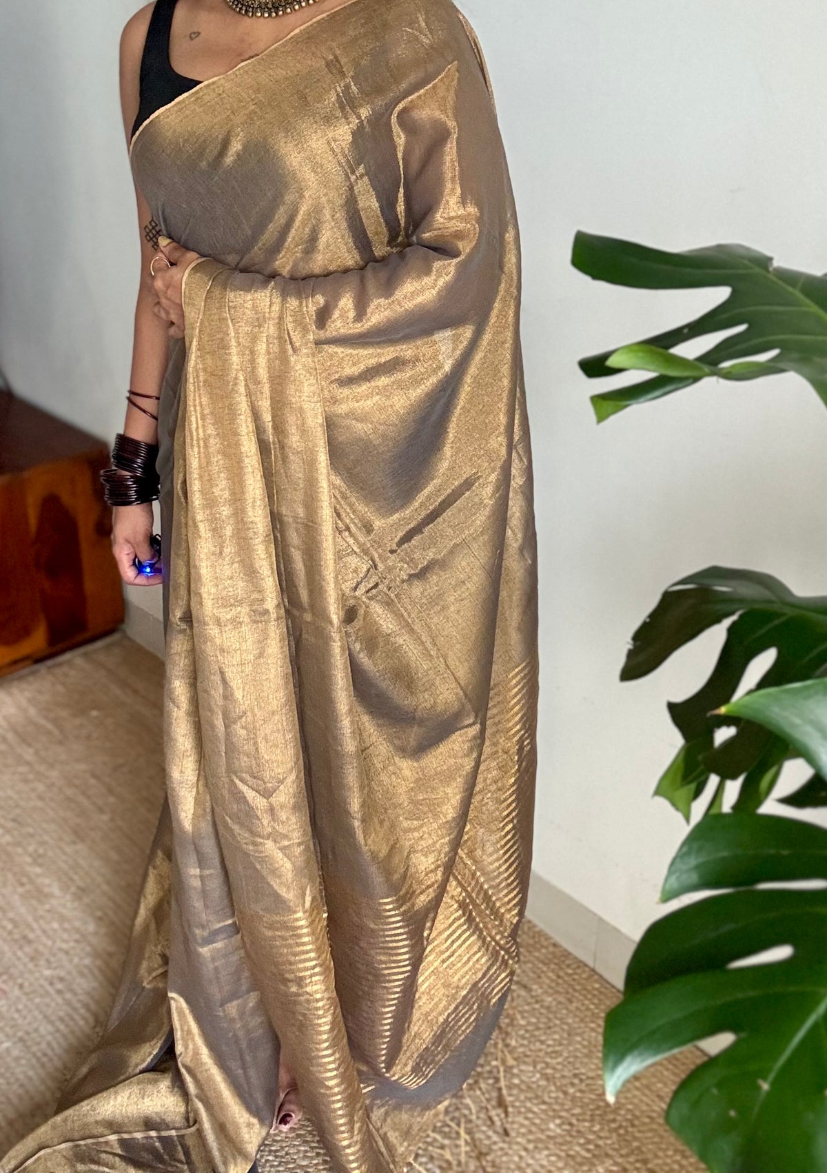 Bronze with gold, dual tone metallic tissue linen saree - YCBCLTOC61