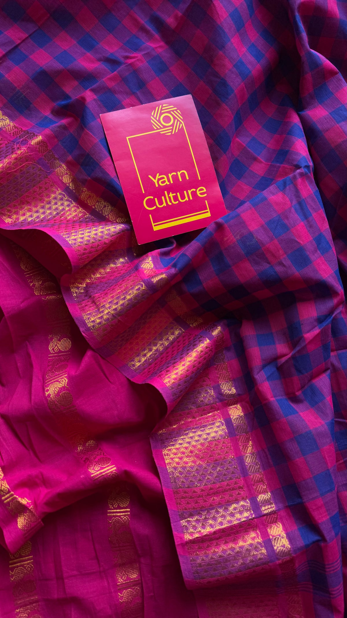 Multicoloured checks with hot pink, sungudi and chettinad cotton half and half saree - YCCOTNIDOC146