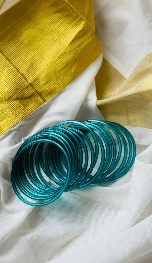 Peacock blue glossy glass bangles, set of 12 - YCBANGL837