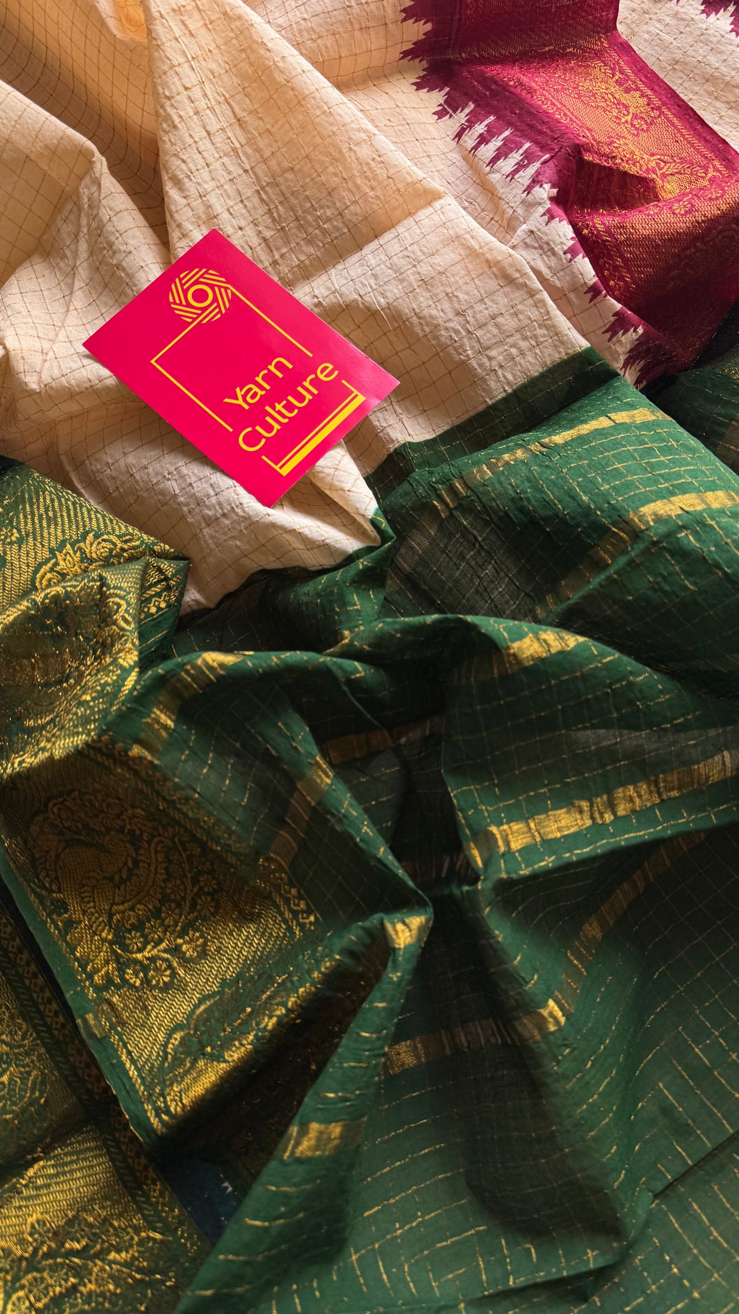 Sungudi checks, sandal base, green and deep red border, soft cotton - YCIEON93