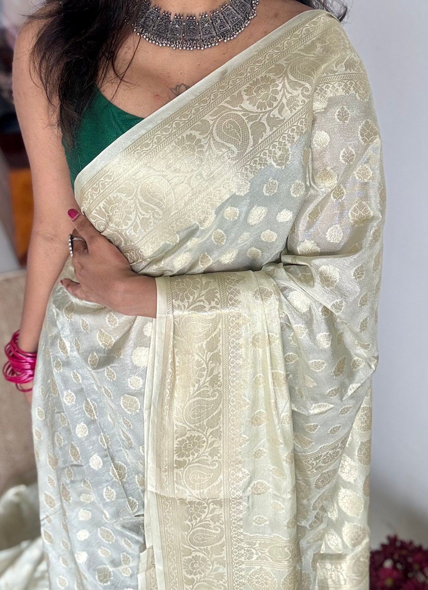 Pastel cream, muted gold buttas and zari, Banarasi semi-silk - YCDESE33