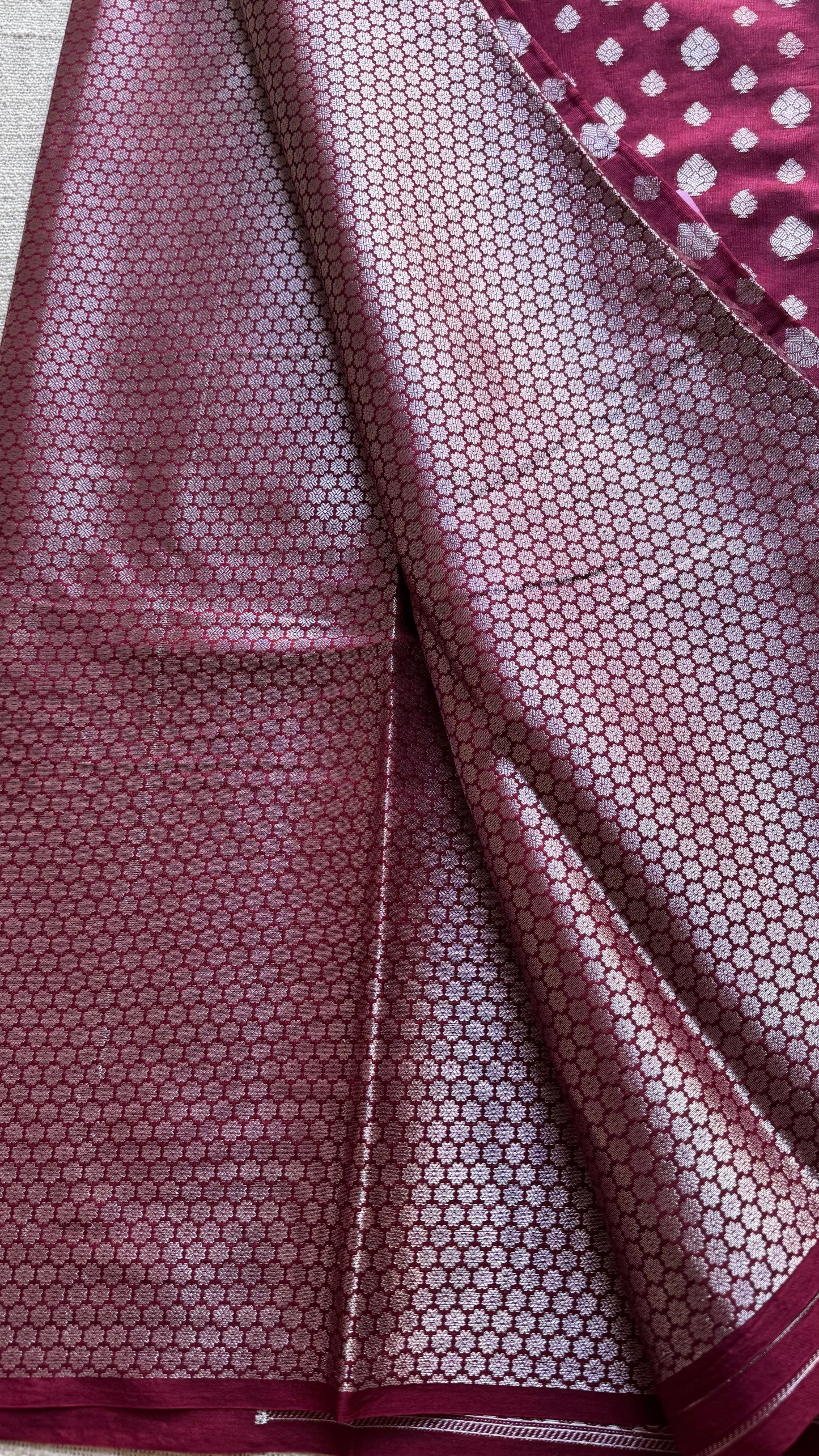Maroon, silver buttas and zari, Banarasi semi-silk - YCDESE39