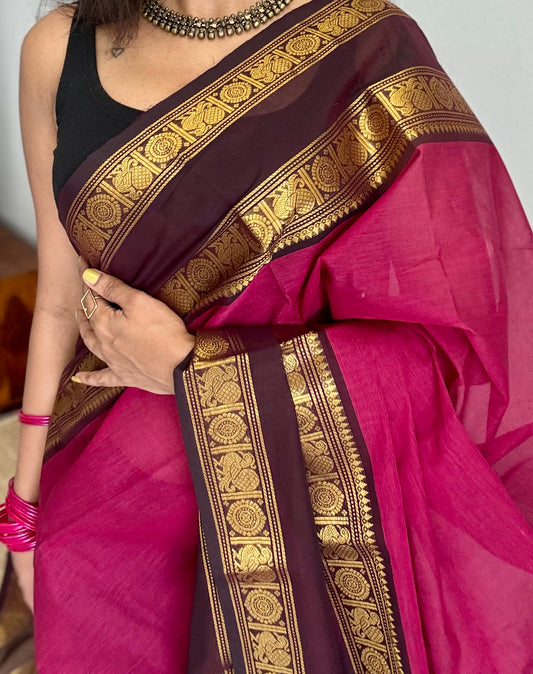 Dark pink with dark brown Chettinad cotton saree with rettaipettu peacock border - YCCOTNCCFE157