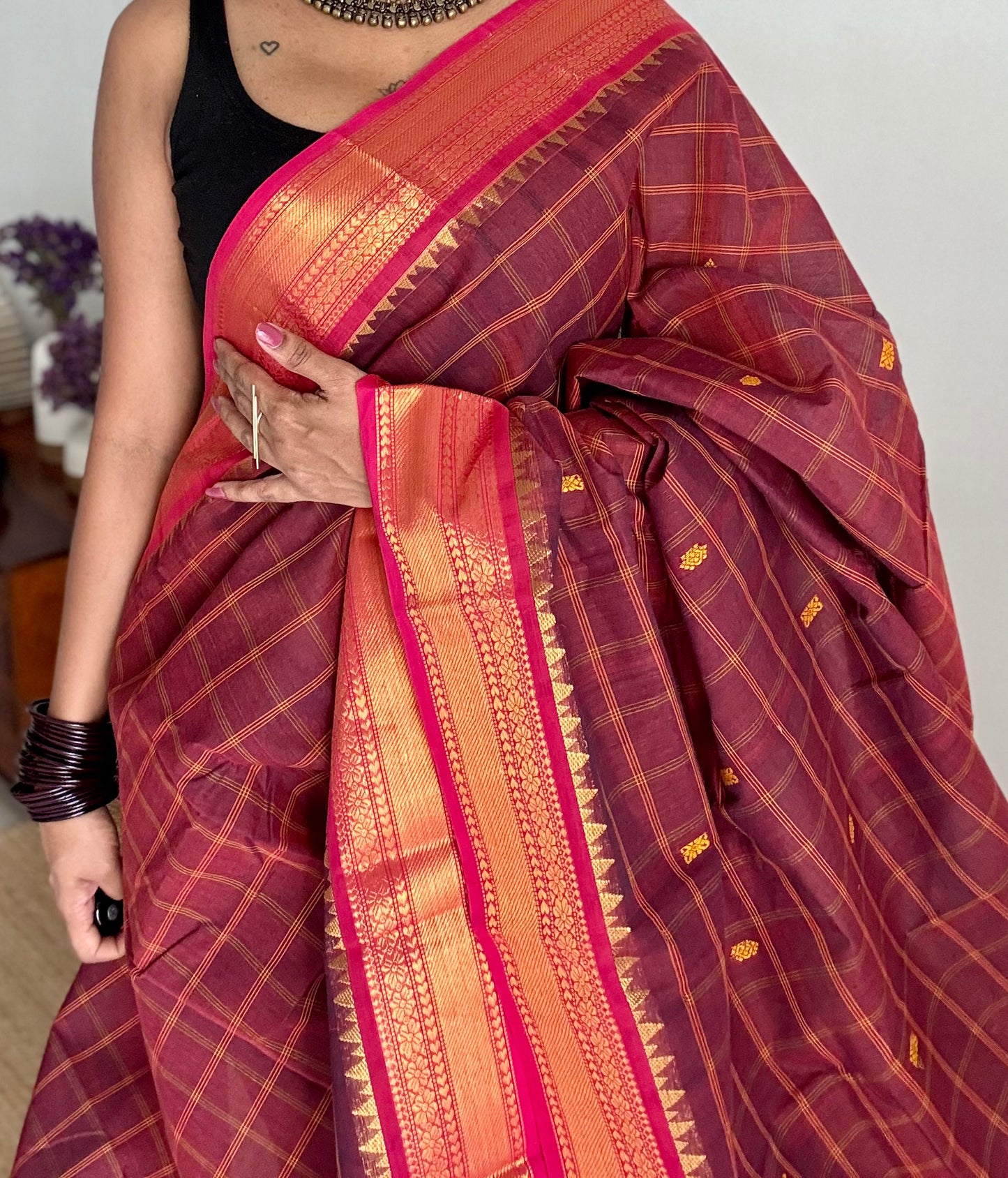 Maroon and fuchsia pink contrast, checkered Chettinad cotton saree - YCCOTNMA266