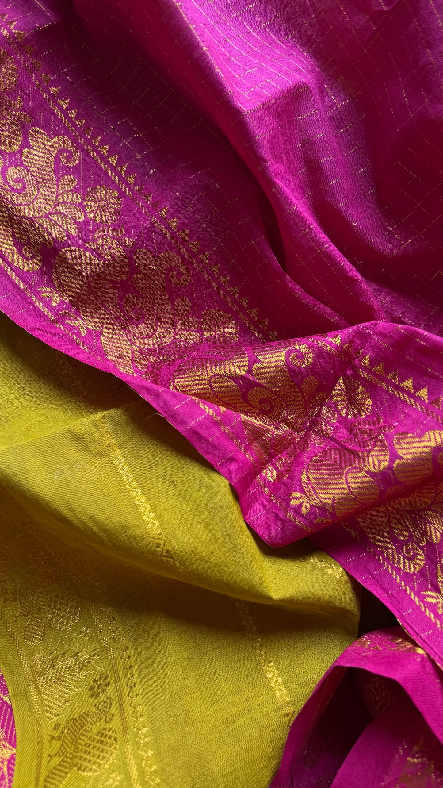 Hot pink with lime green, sungudi cotton half-half saree - YCCOTNIDMA290