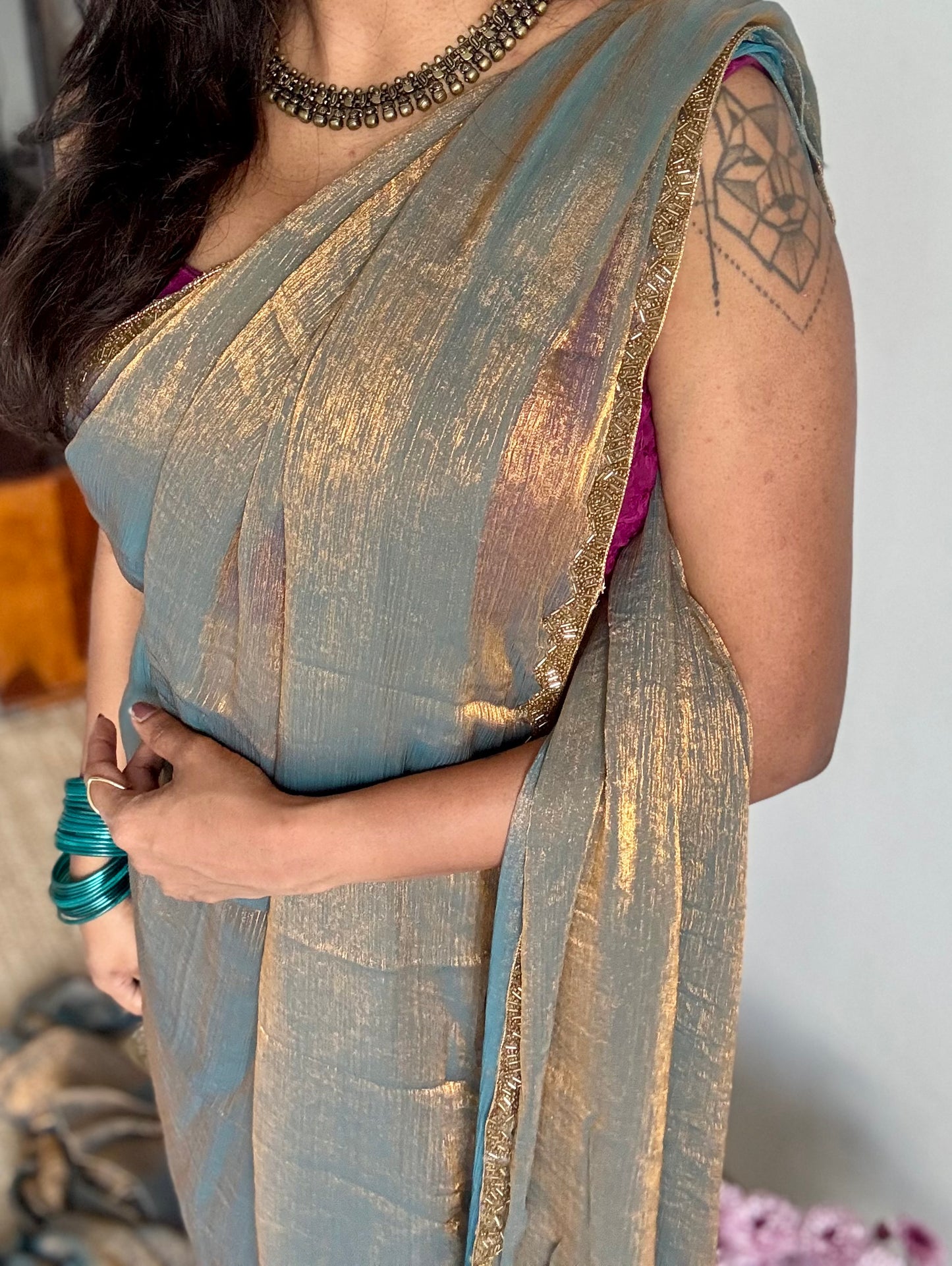 Teal Appeal - teal grey, metallic dual tone space silk, embellished border - YCDOSDE53