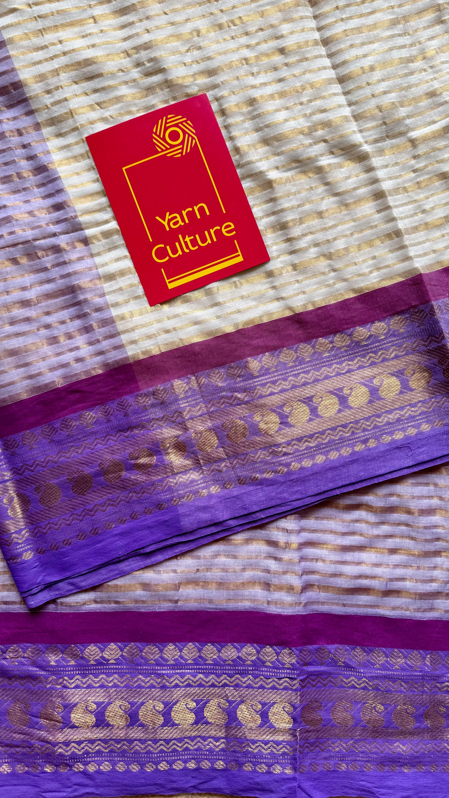 Ivory mul saree, purple and gold - YCIEON33