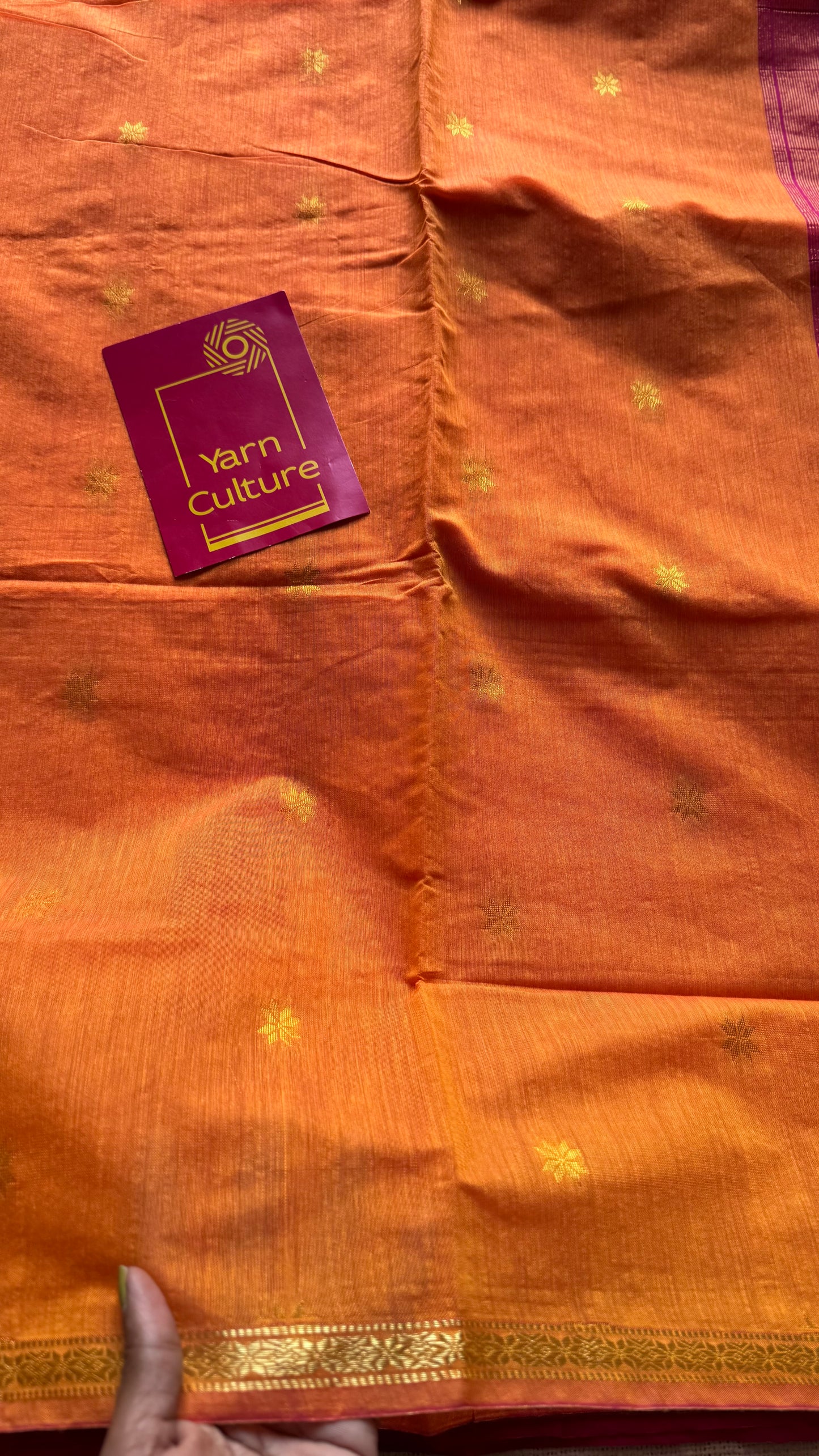 Orange with rani pink, gold buttas, semi maheshwari cotton silk - YCCOTNCSDE88