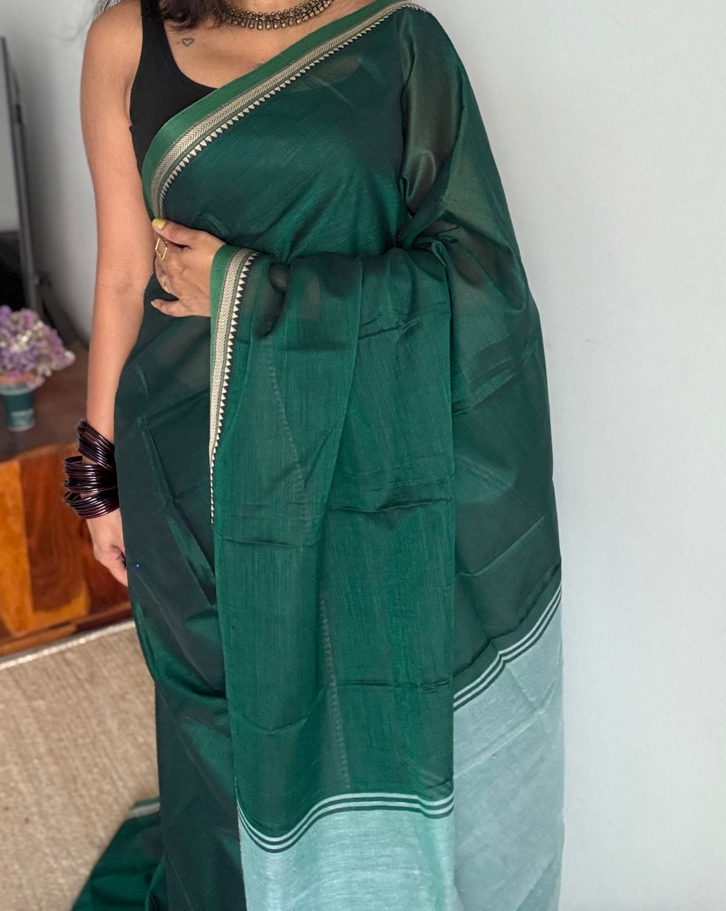 Dark green with light green border narayanpet saree, soft cotton - YCWOTDNPFE37