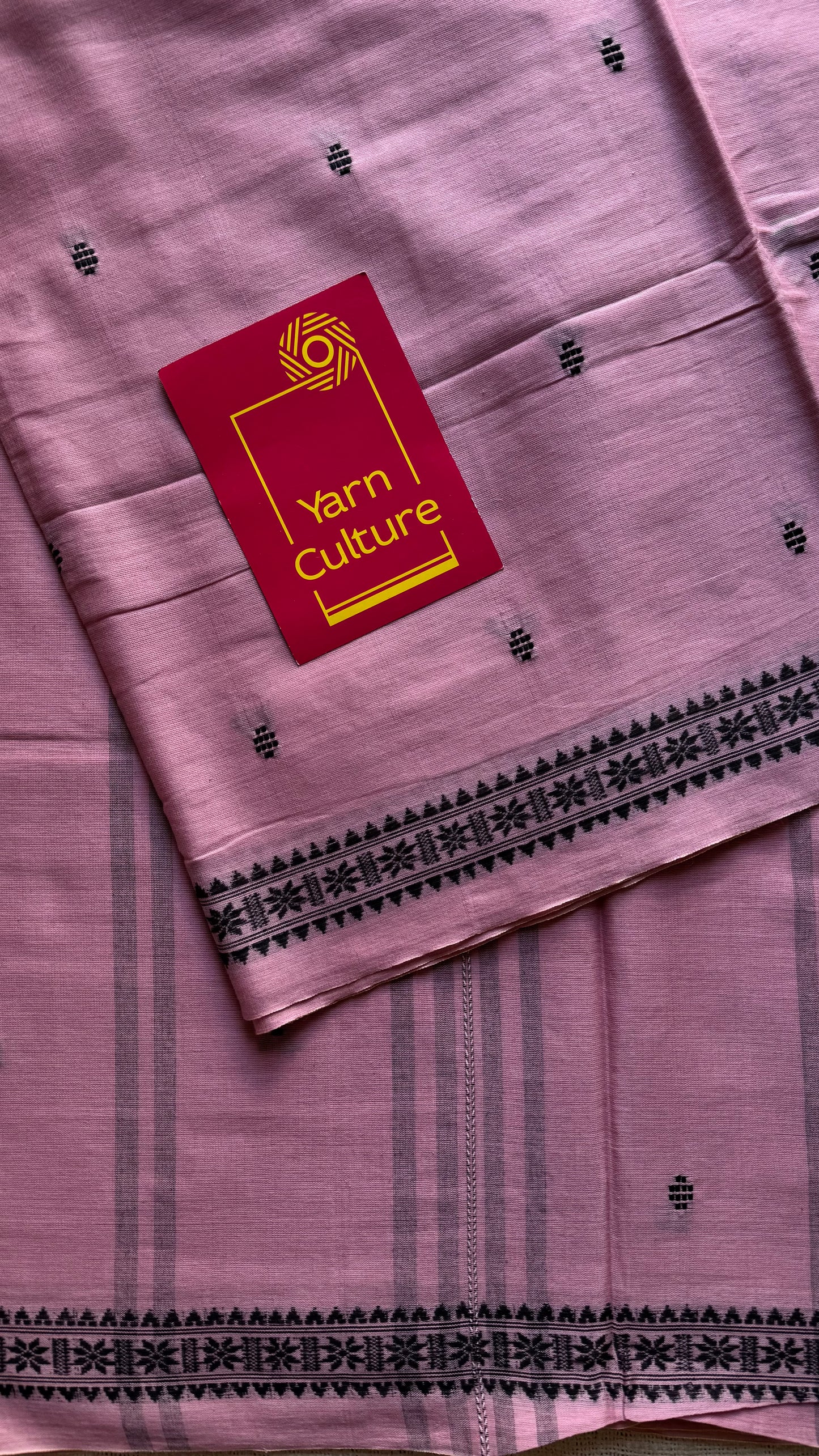 Dhonekhali handloom soft cotton saree, powder pink with black woven buttas and border - YCBCDFE249