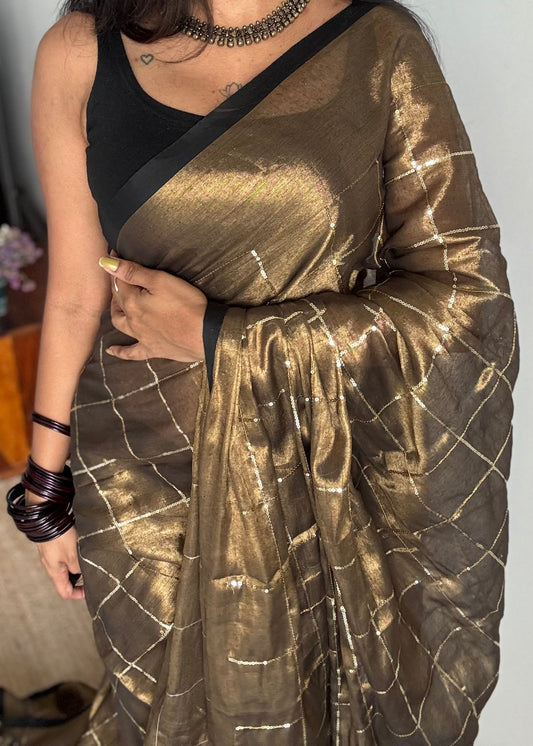 Bronze with black border, checkered sequins work, mul tissue - YCBCMCJA08