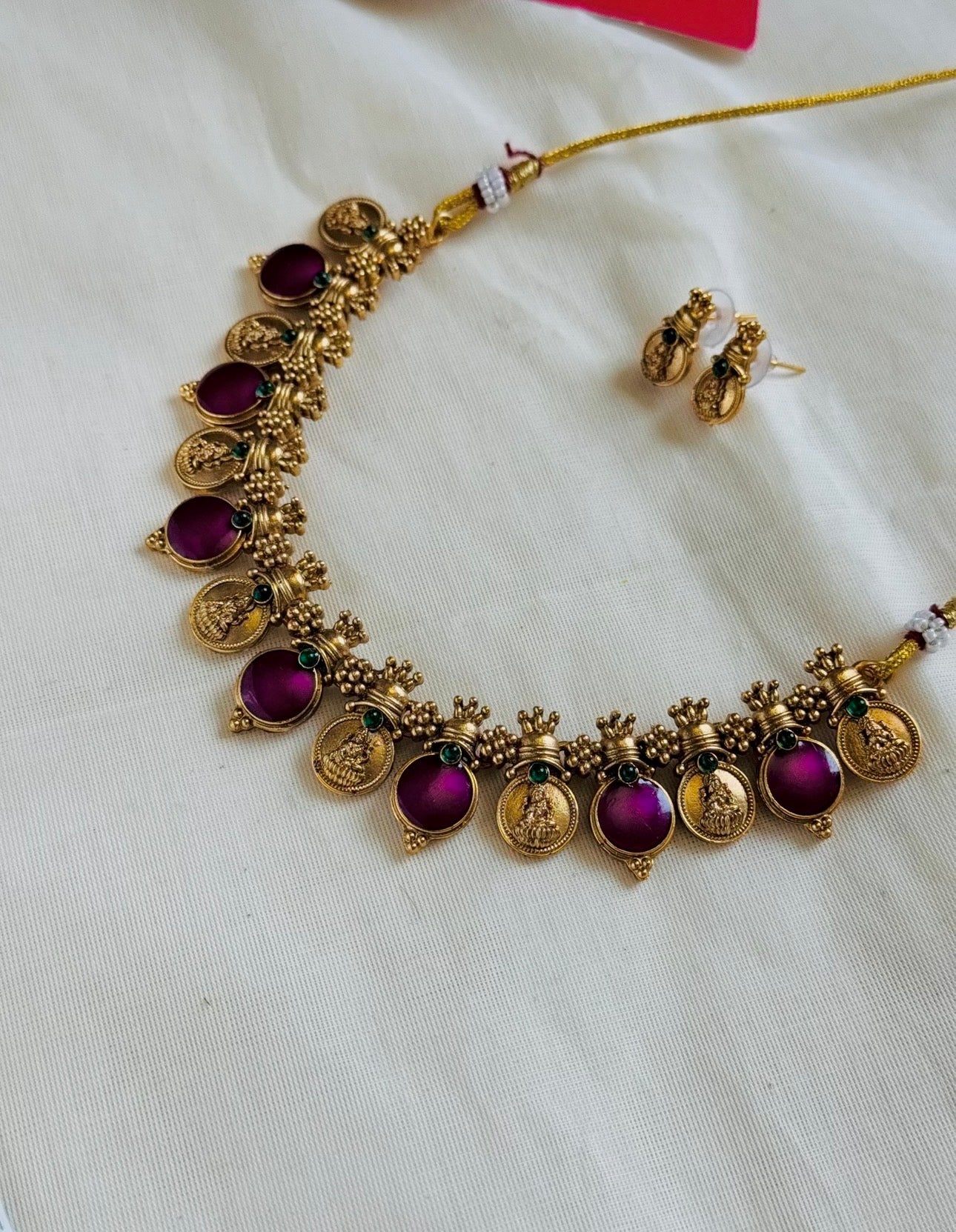 Coin necklace with purple pink (vadamalli) pendants, with earrings - YCGPNP772