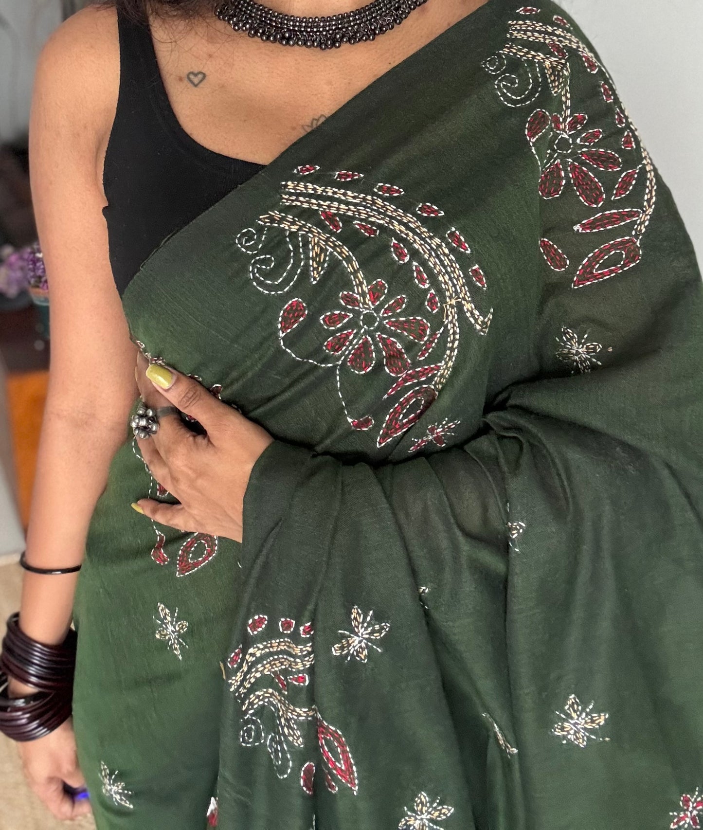 Embroidered green kantha weave in soft cotton - YCBCKKJA145