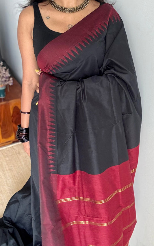 Black with maroon temple border - cotton silk - YCCOTNSEKCS16