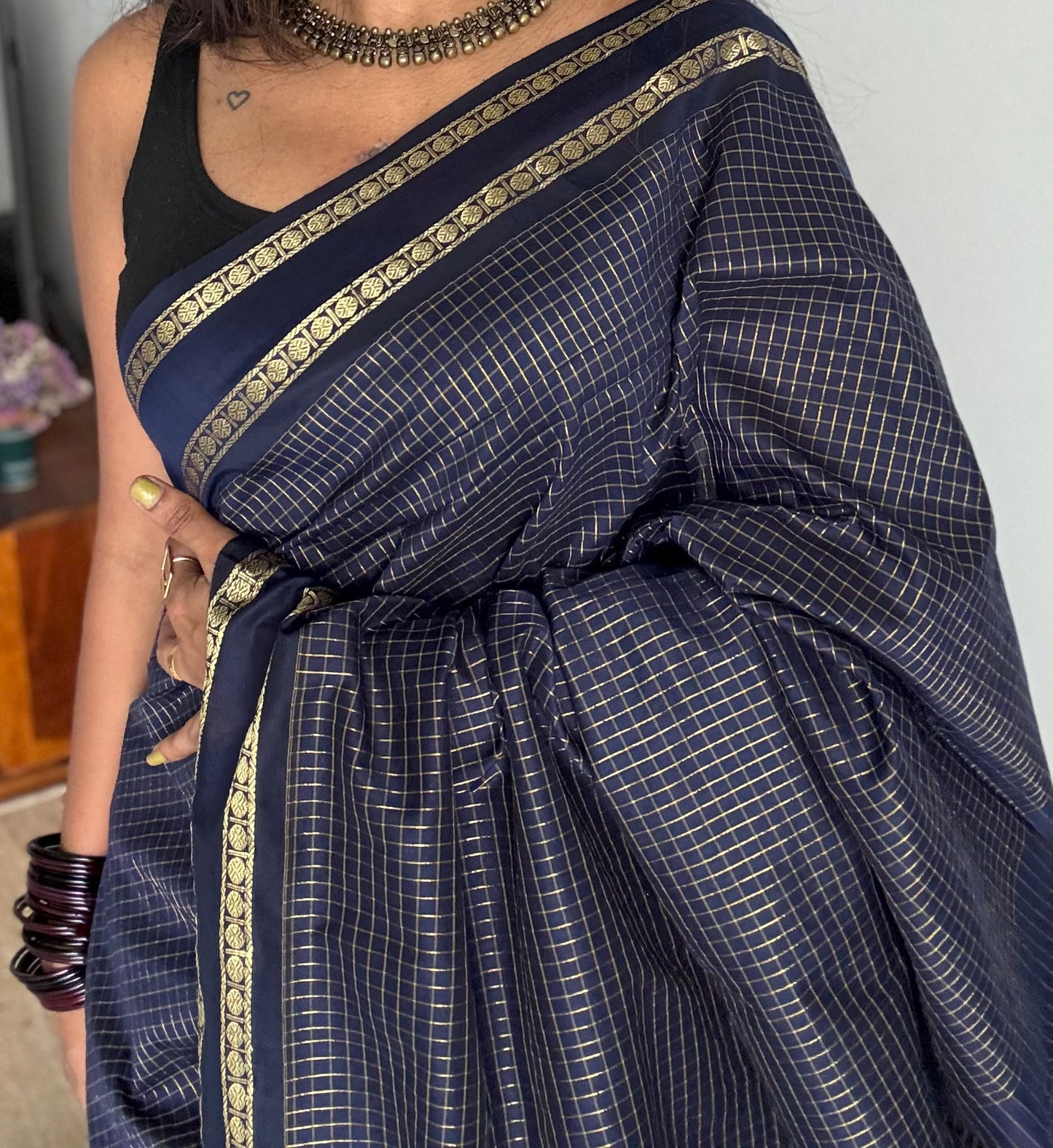Midnight blue, arani zari checks saree, cotton silk - YCCOTNARFE48