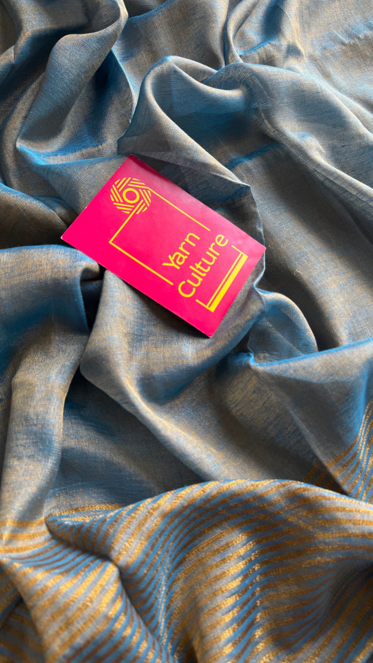 Teal blue with gold, dual tone metallic tissue linen saree - YCBCLTOC59