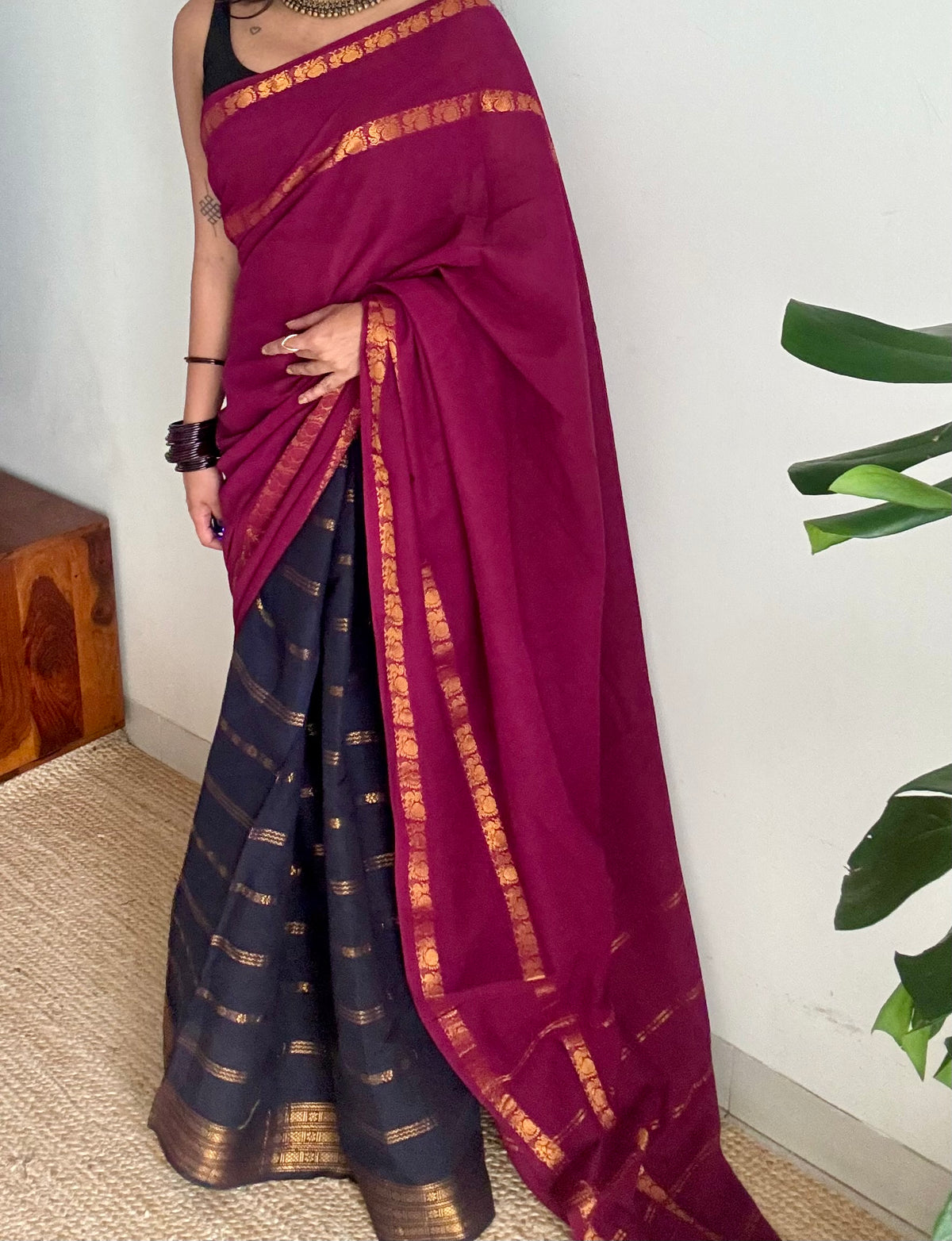 Purple pink (vadamalli) and black velthaari, sungudi cotton half-half saree - YCCOTNIDOC26