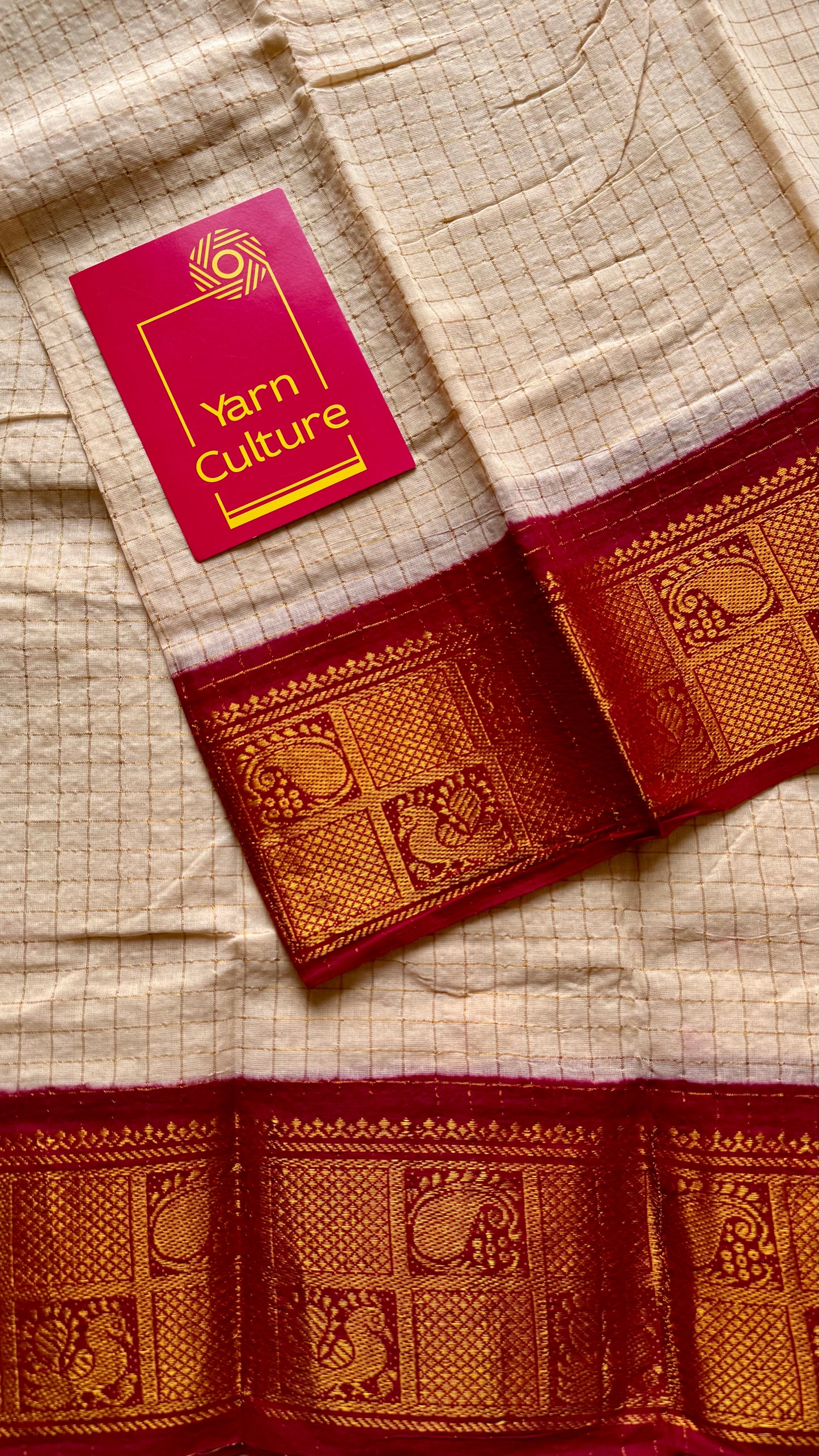 Ivory with red contrast zari checkered sungudi, kattuchayam dyed madurai cotton - YCIEON99