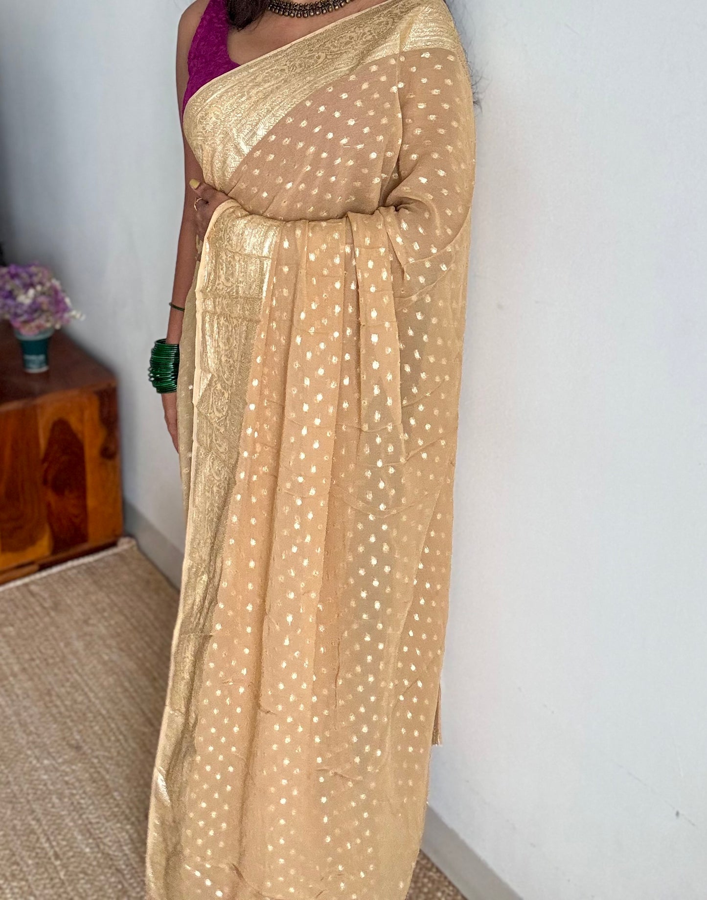 Beige viscose georgette saree with zari motifs - YCDOSFE205