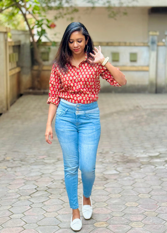 Rusty Charm - blockprinted cotton stitched shirt, collared neck, full sleeves - YCSEBPSJA222