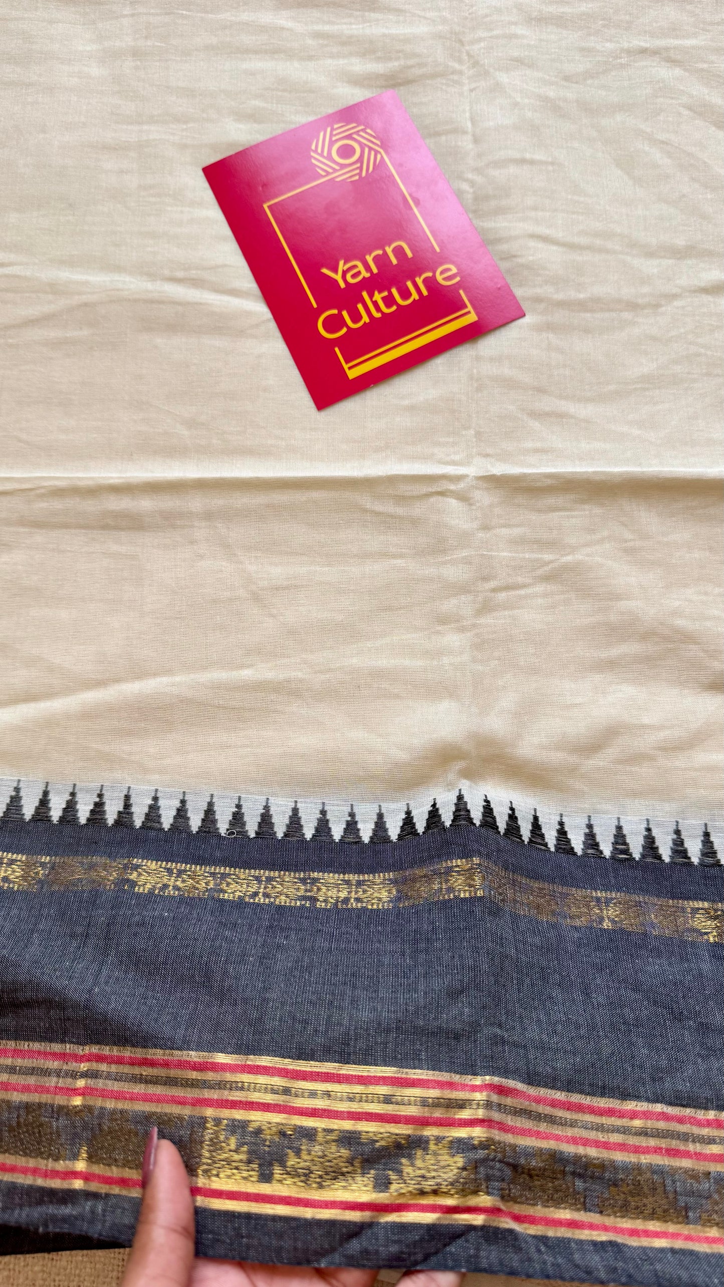 Ivory mul saree, black and gold border - YCIEON19