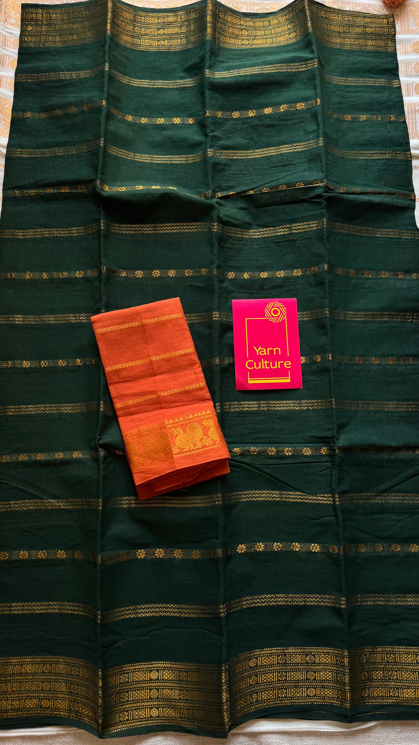 Dark green floral patterned velthaari, kattuchayam dyed madurai cotton saree  - YCCOTNMSAP213