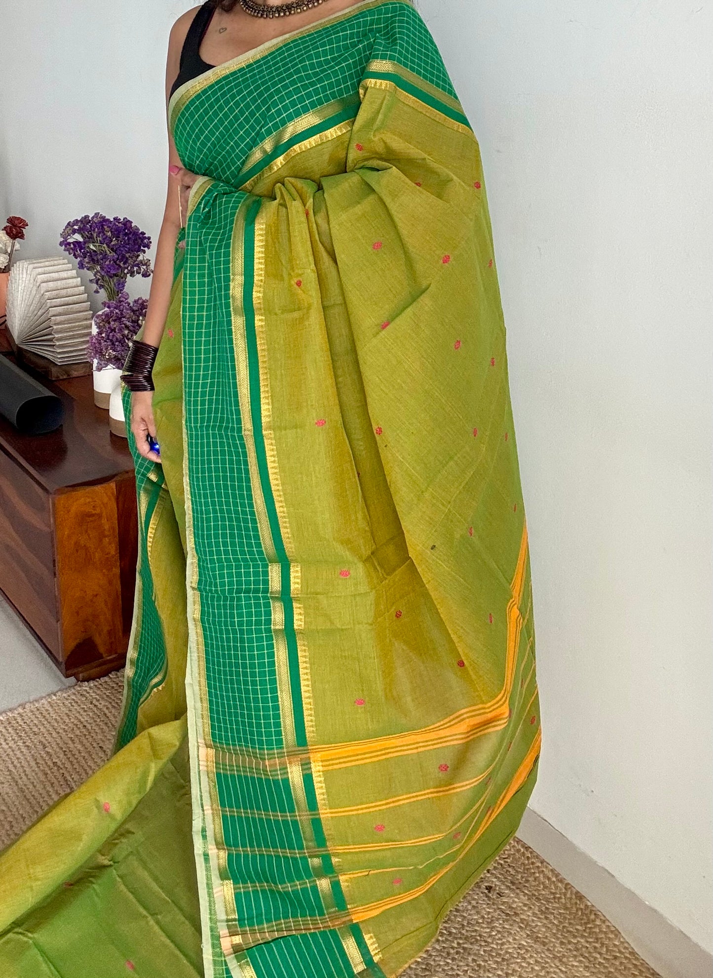 Light green and dark green contrast, Chettinad cotton saree with checkered border - YCCOTNMA274