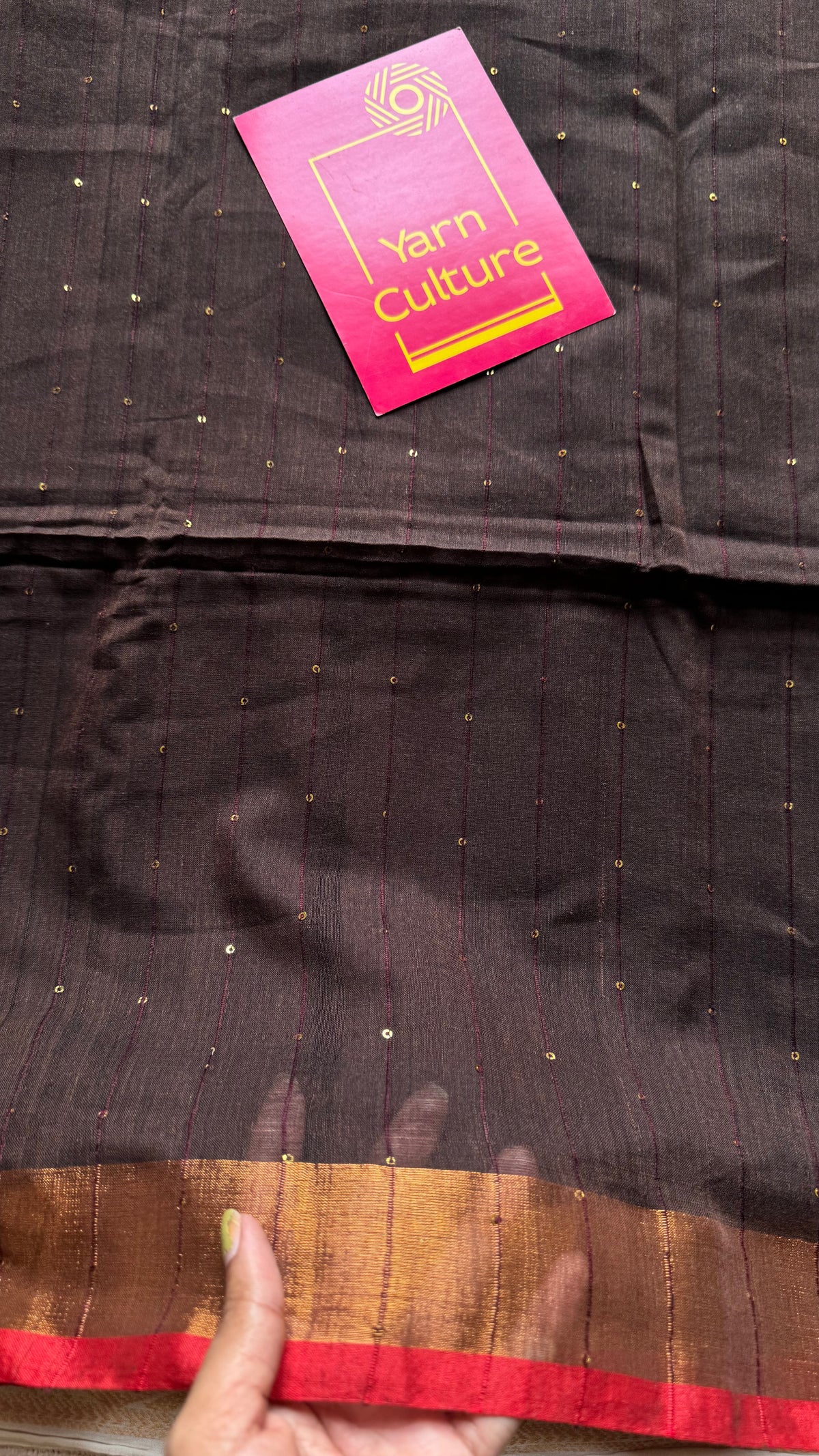 Brown mul cotton saree with sequins and zari border - YCBCMCSE33