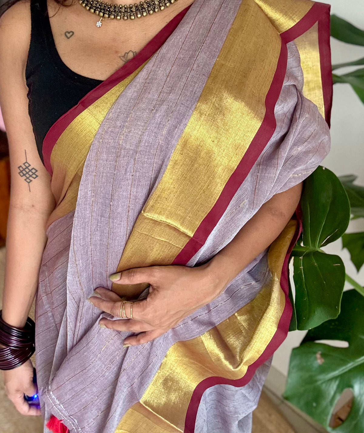 Grey mul cotton saree with zari stripes and maroon highlighted border - YCBCMCSE35