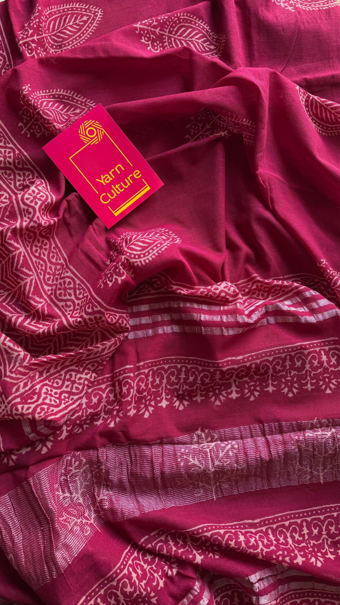 Cranberry red linen, white motif, silver zari border - YCTOROCBP60