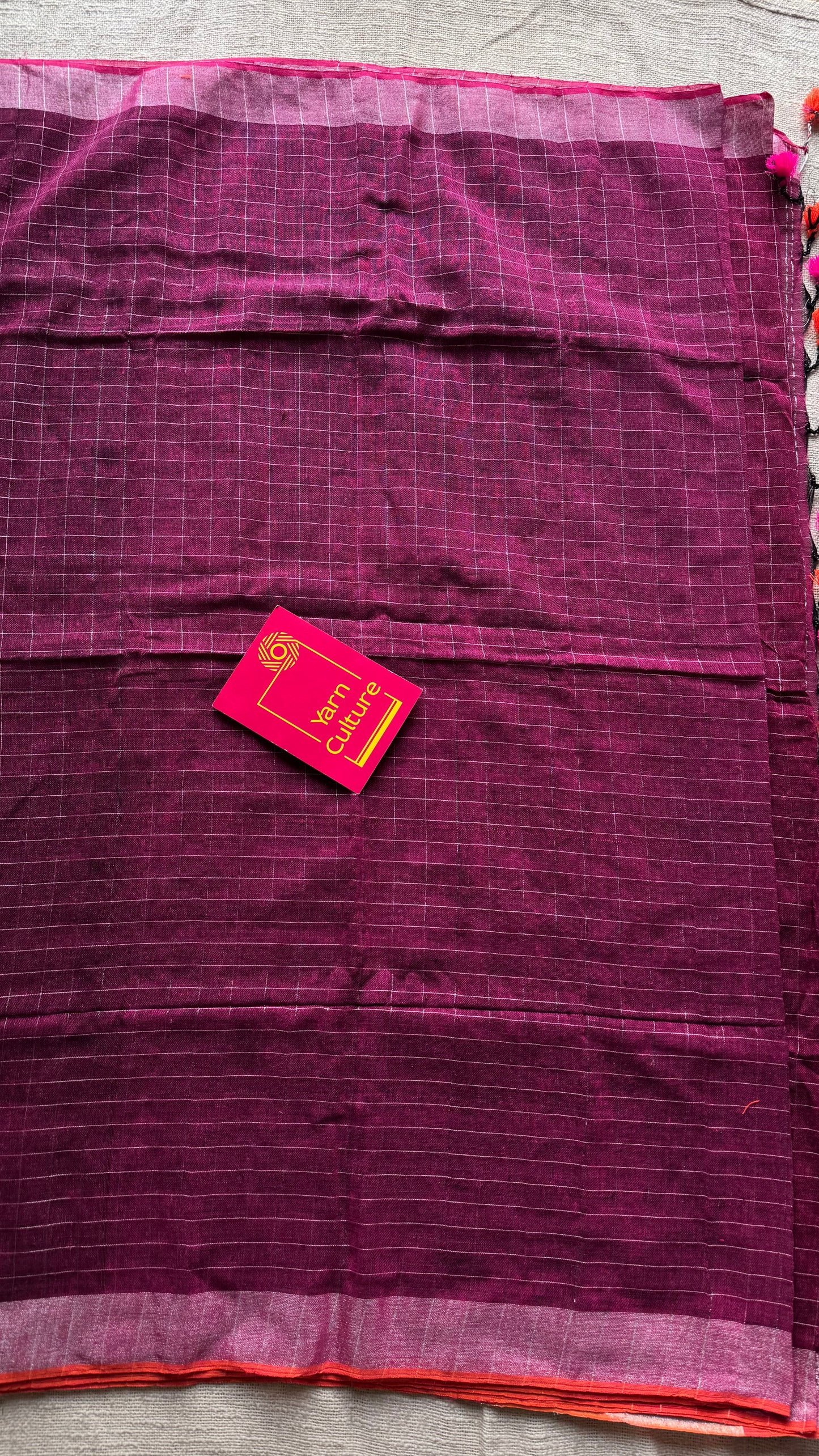 Ruby linen by cotton saree, silver checks & zari pallu - YCBCLCFE387