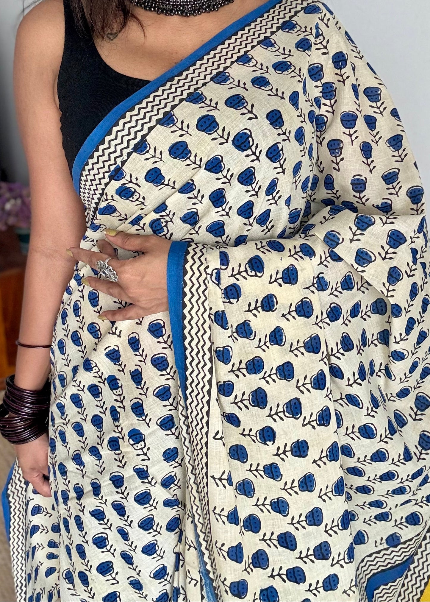 Beige with blue flowers, block printed soft cotton saree -YCTORCMA09