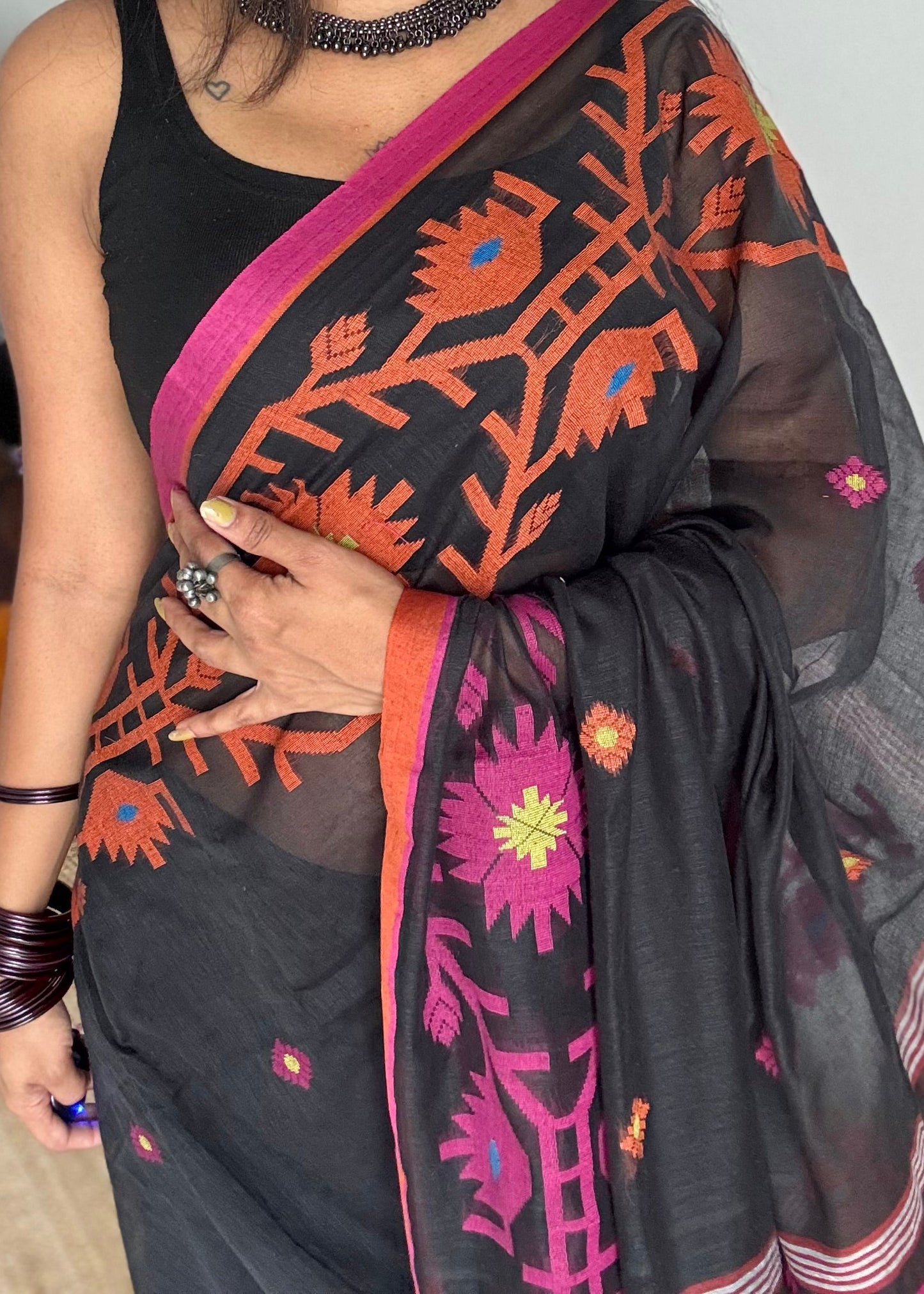 Black with pink and orange jamdani saree in mul cotton - YCBCJDFE382